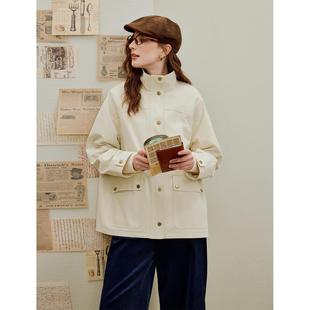 纯棉宽松风衣外套 新款 清仓复古简约立领格纹工装 夹克女2025年秋季