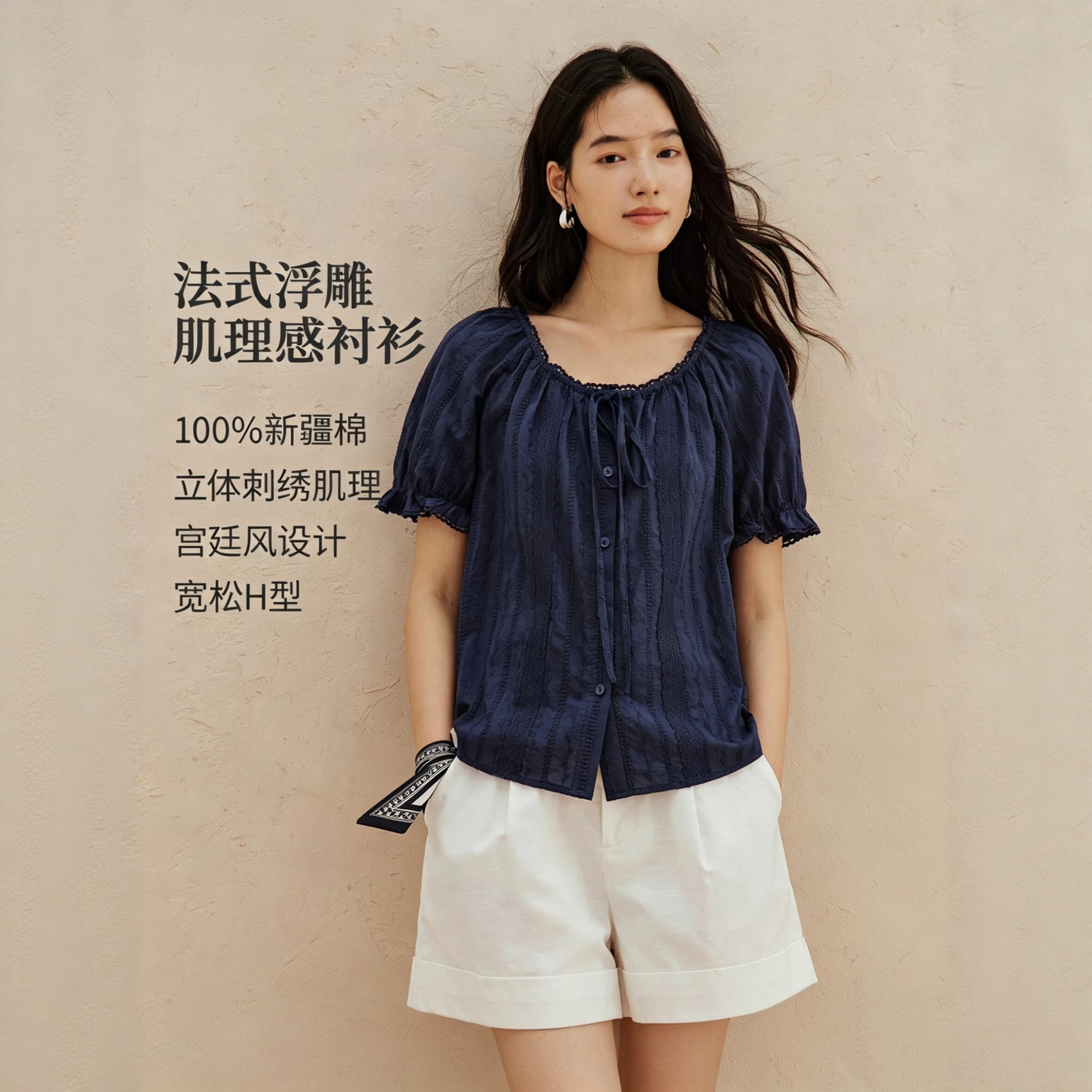 清仓甜美蕾丝拼接系带泡泡袖衬衣女2026年夏季法式藏青色刺绣衬衫