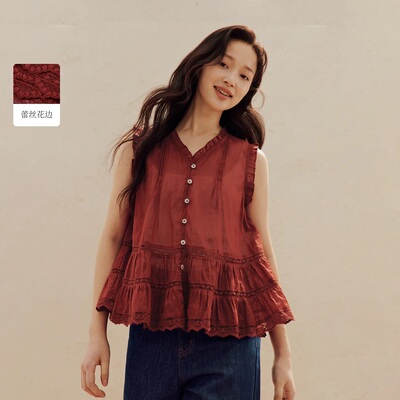 【粉彩拼接无袖衬衫】清仓夏季新款法式木耳边蕾丝百搭宽松小衫上