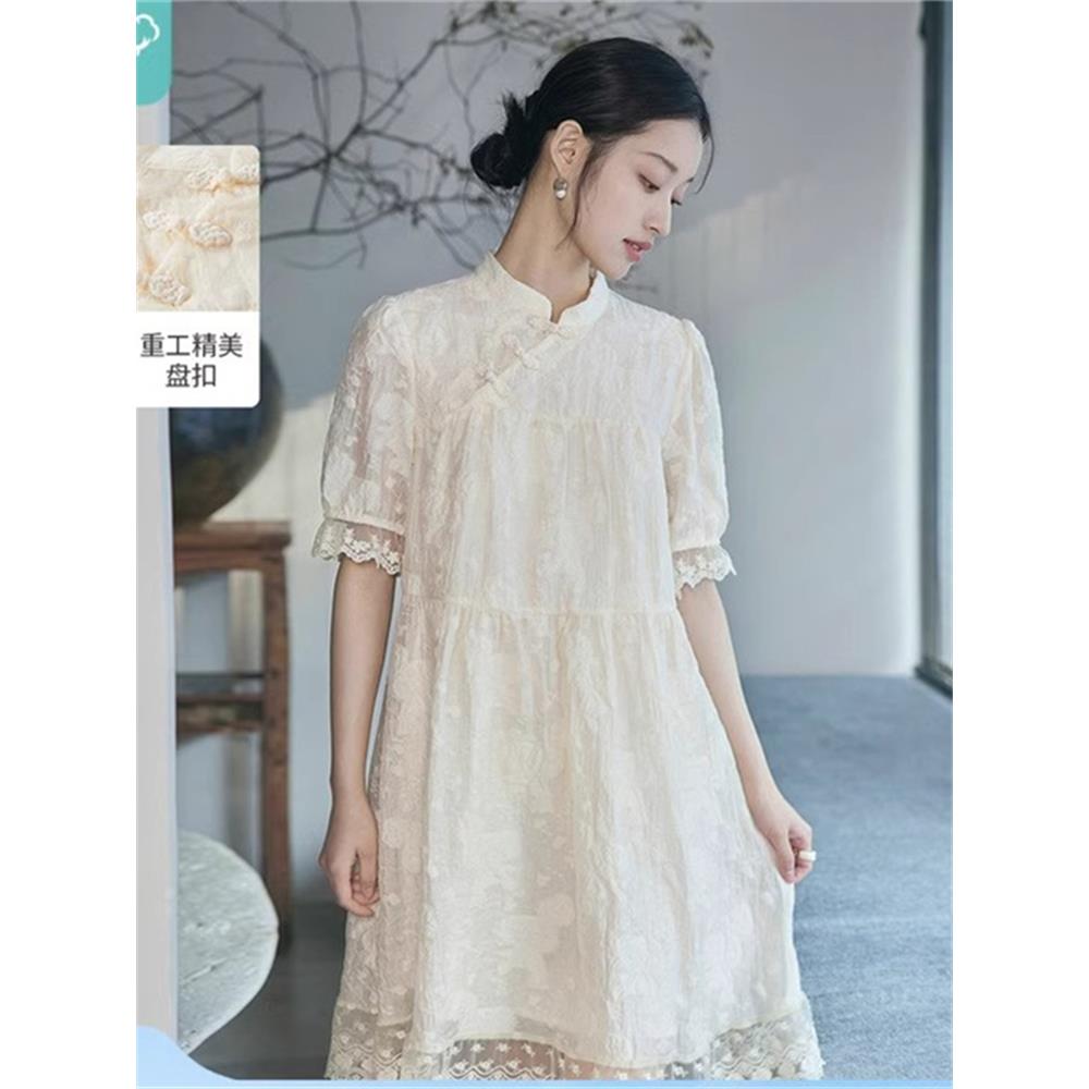 茵家新中式连衣裙女装2025年夏季新款小个子设计感提花中长裙子