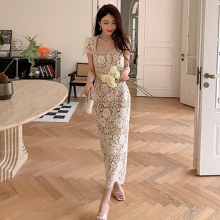 方领钻饰蕾丝气质连衣裙名媛轻奢显瘦礼服长裙子 网红博主同款