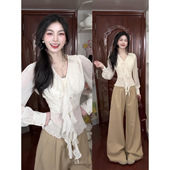 阔腿裤 休闲裤 女春秋季 显瘦小个子窄版 2026新款 卡其高级感褶皱西装