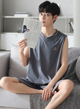 莫代尔男背心睡衣夏季男款时尚青少年简约大码家居服夏天套装休闲