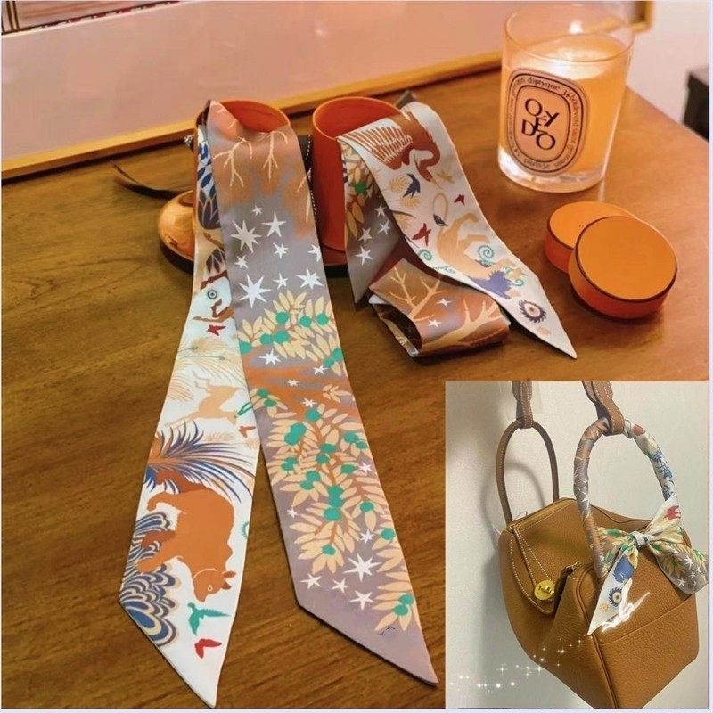 玛雅森林印花丝巾绑包真丝长条植物花卉小丝巾装饰包手柄束发丝带