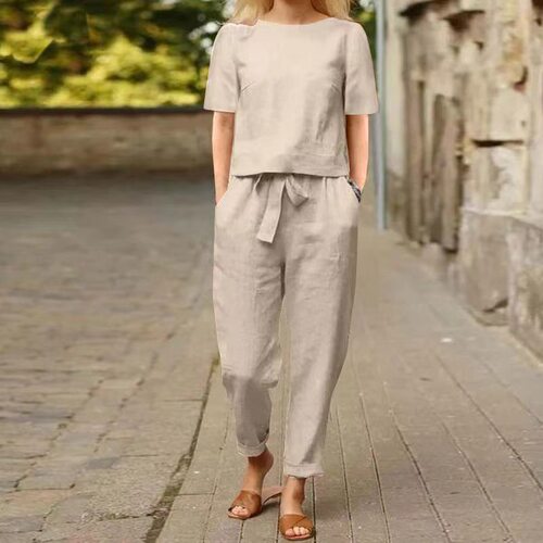 2026 Women's Cotton And Linen Summer Matching Suit Half Slee