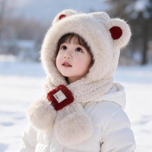 儿童帽子围巾一体冬季休闲毛绒保暖帽女孩男童宝宝可爱围脖护耳帽