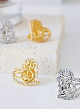 时尚大方 金银色镂空镶钻边爱心土星耳钉--A8343网红明星