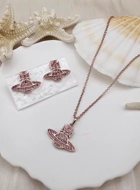 时尚个性 玫红色平面满粉钻 土星耳环 项链--A8276-B8266