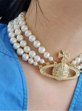 土星大号珍珠三层项链满钻