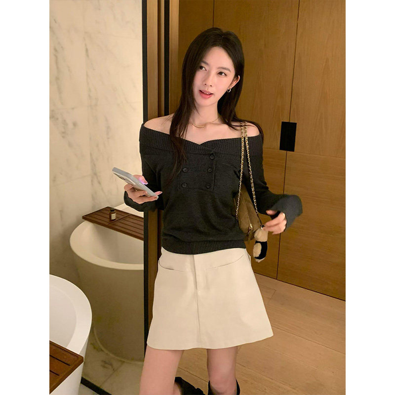 MARIE.COCO法式优雅风一字肩长袖针织衫女秋季新款A字半身裙套装