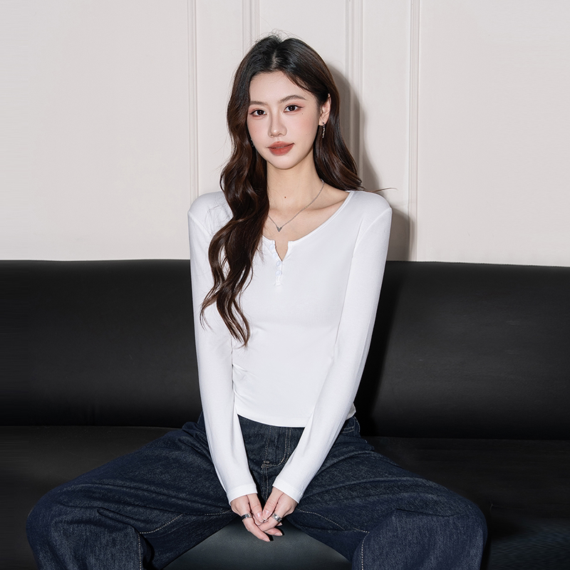 黑色长袖打底衫女2026春秋新款螺纹感小V领设计内搭显瘦打底上衣