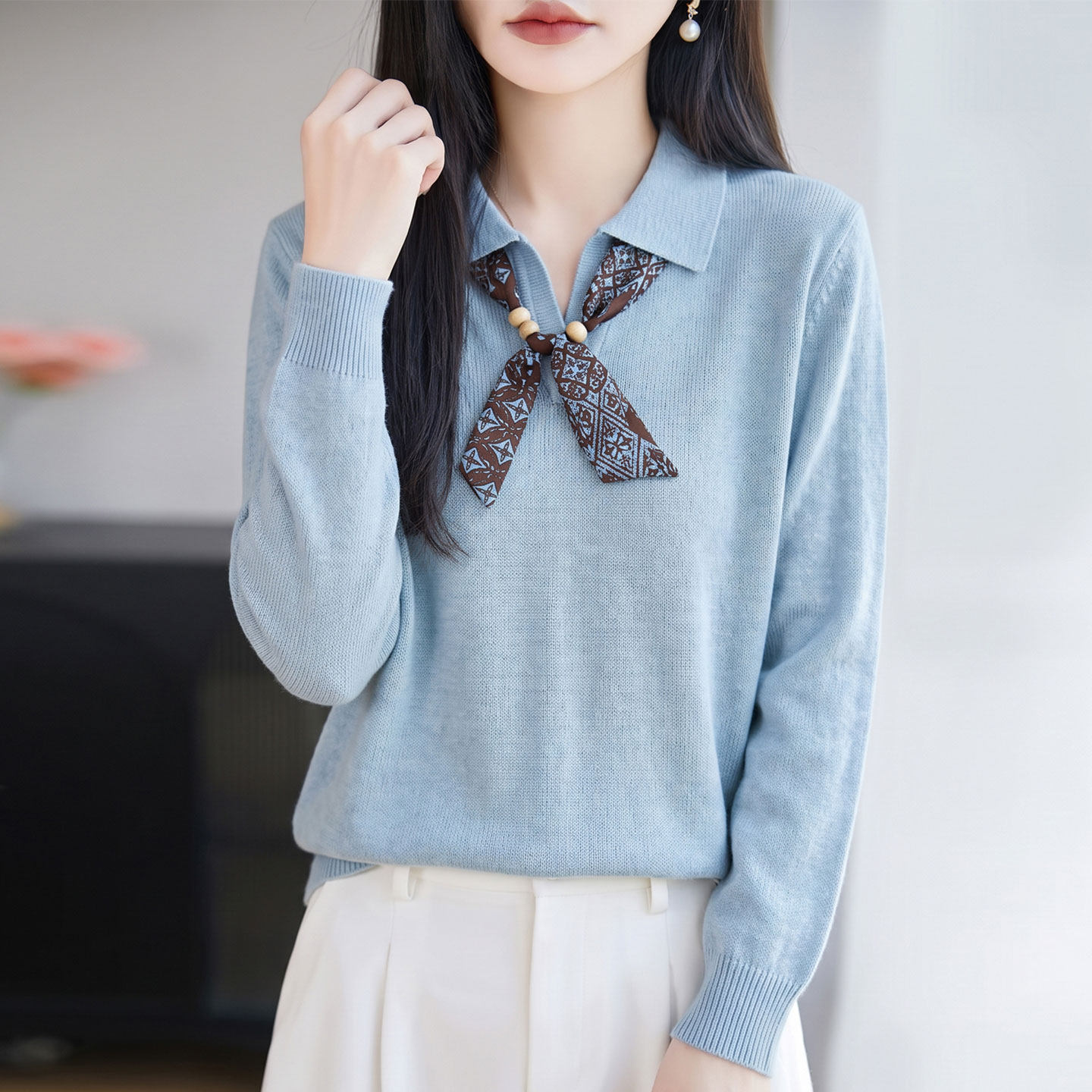 翻领针织衫女士打底毛衣