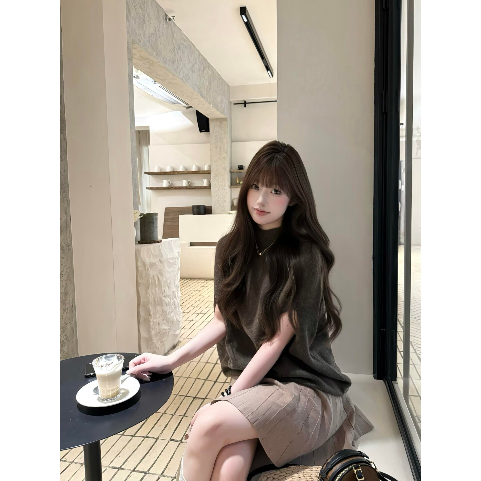美拉德半高领斗篷针织衫毛衣上衣女高腰百褶短裙秋冬套装