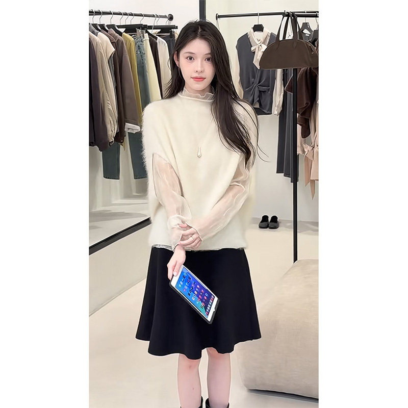 高级感网纱长袖打底衫针织马甲女秋季A字半身裙三件套