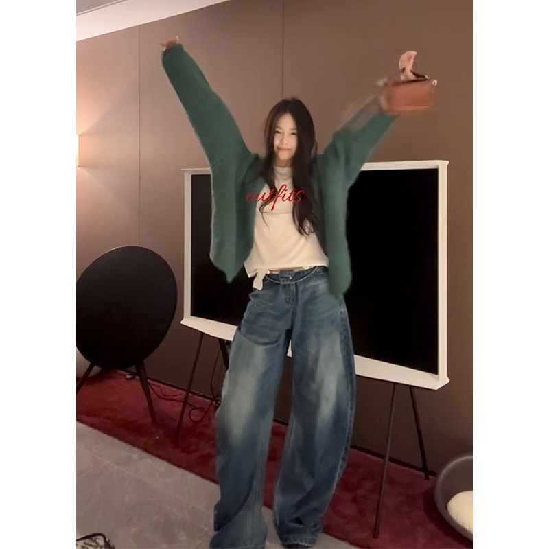韩系复古绿色针织毛衣外套女2026秋季新款高腰阔腿牛仔裤套装