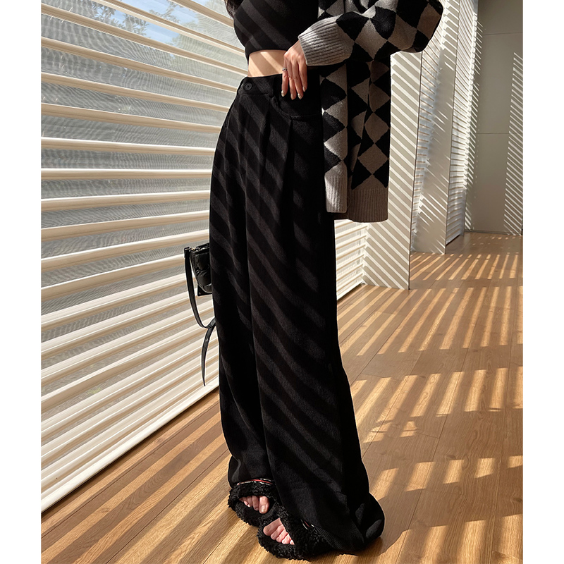 高腰通勤花约季长裤黑色灯芯绒裤