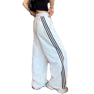 白色三条杠工装裤女夏季薄款侧边条运动裤美式直筒阔腿爵士舞裤子