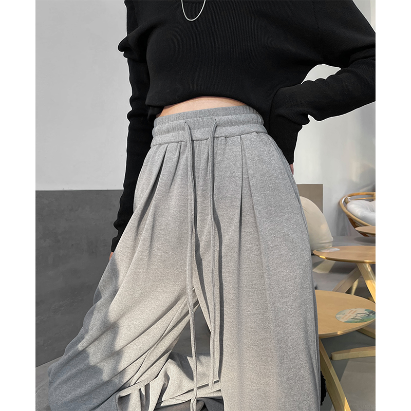 高腰通勤花约季长裤灰白色阔腿裤