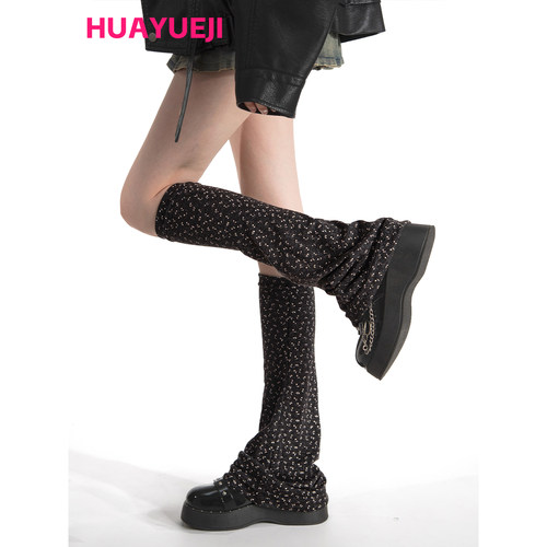 黑色碎花微喇堆堆绑带袜套显瘦韩