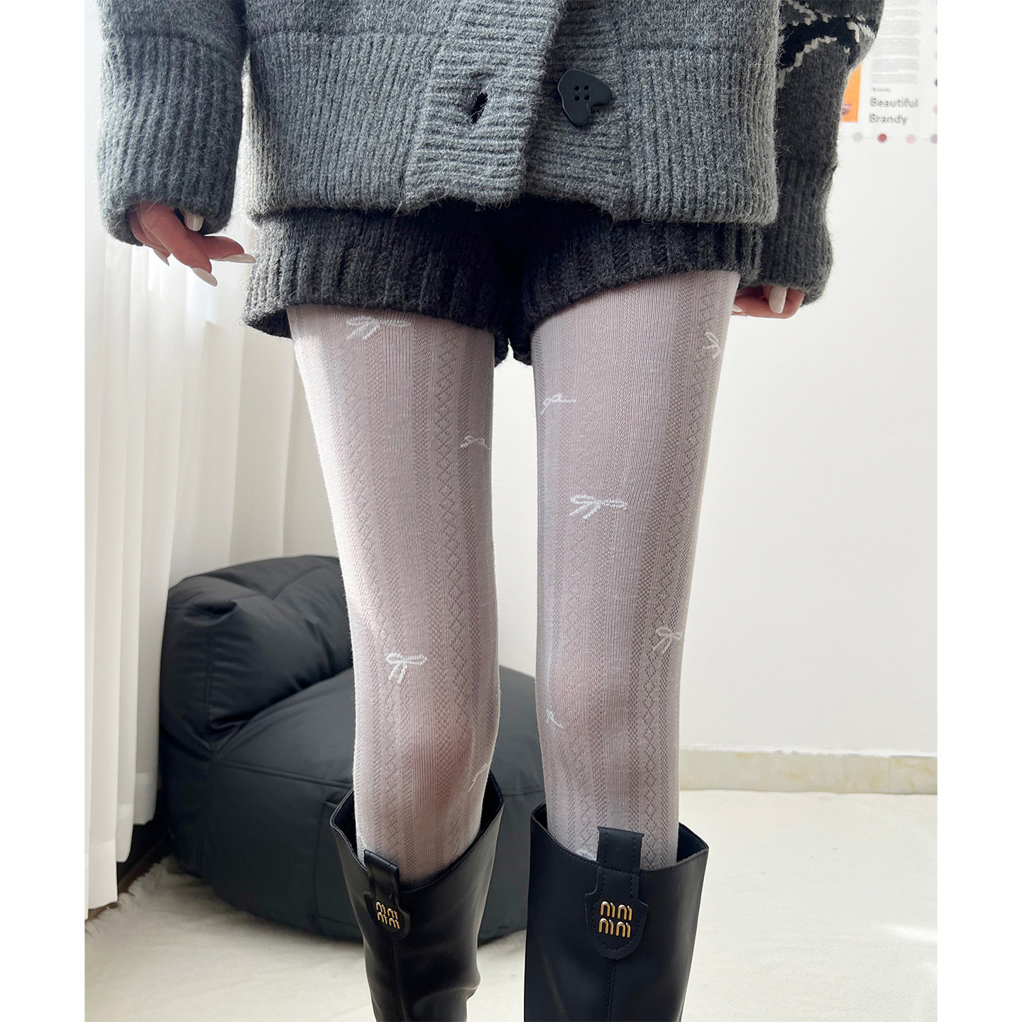 灰色丝袜蝴蝶结印花棉质舒适保暖加厚白色连裤袜子女秋冬咖色打底