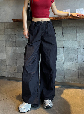 黑色美式工装裤女2024新款夏季薄款大码休闲阔腿裤冰丝拖地伞兵裤