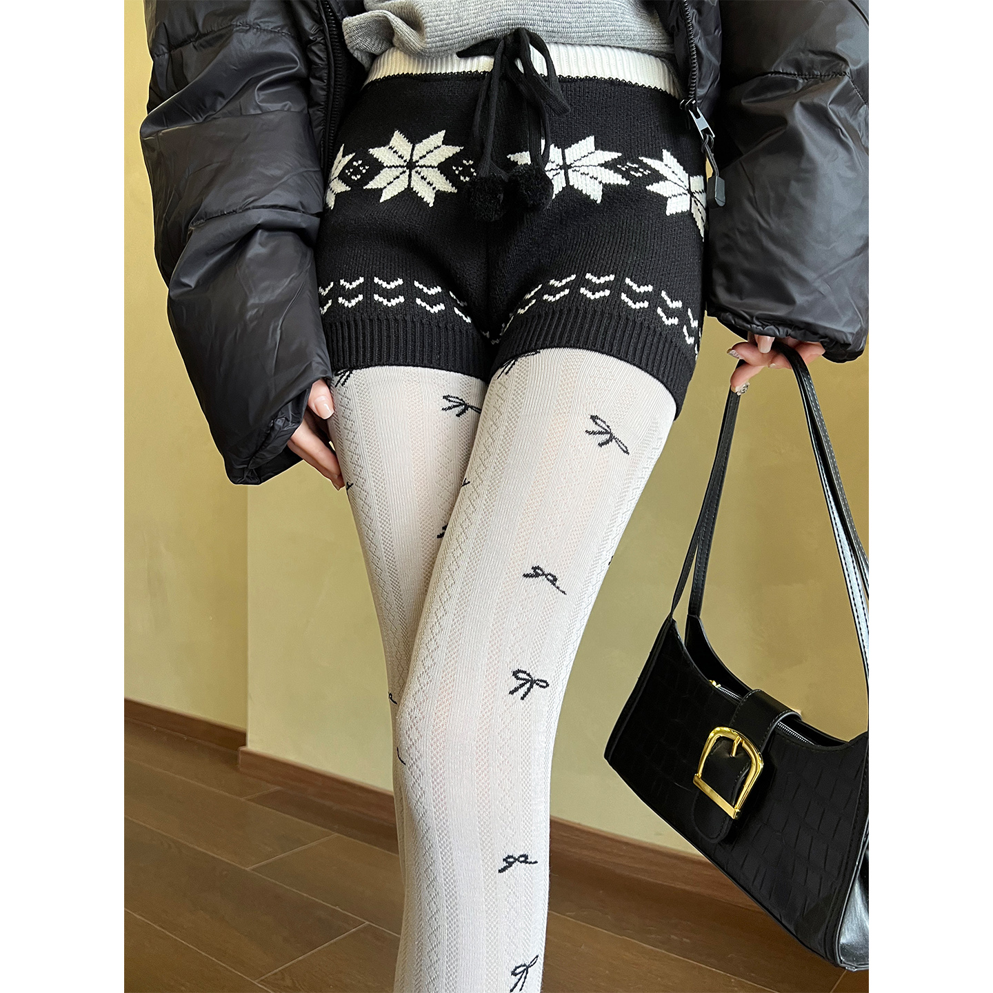 蝴蝶结灰色丝袜棉质舒适保暖加厚