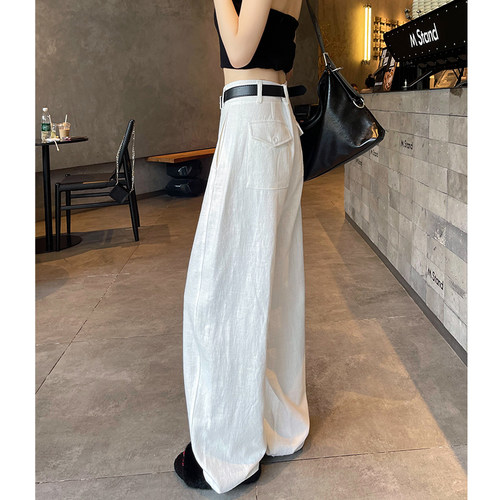 高腰通勤花约季长裤苎麻弯刀裤