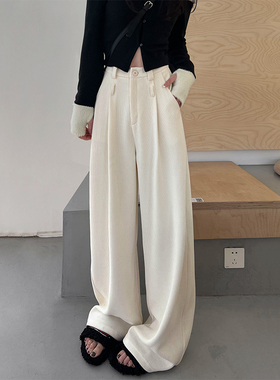 白色裤子女秋冬新款针织加绒条绒灯芯绒阔腿裤高腰雪尼尔西装裤子