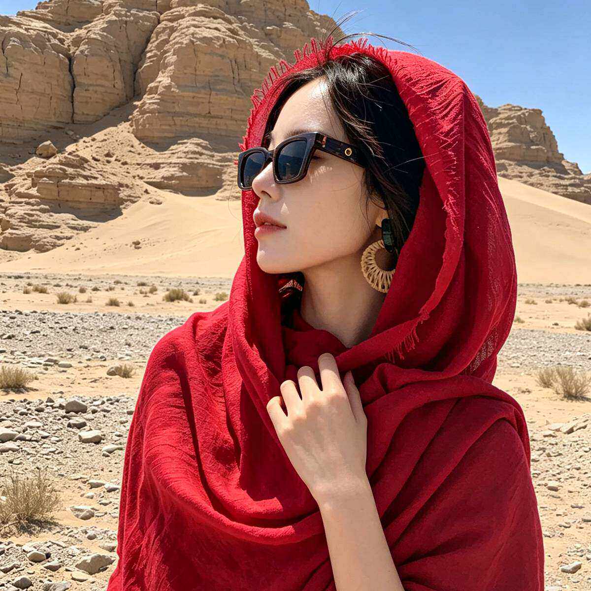 红色披肩外搭女西北民族风沙漠新疆拍摄防晒出片旅游户外薄款丝巾