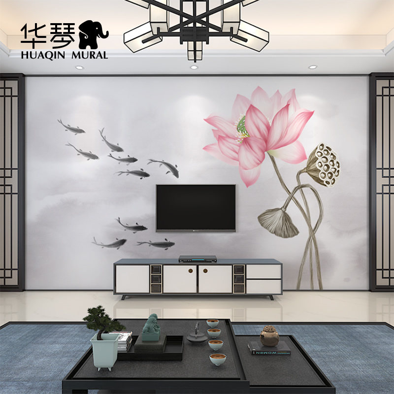 新中式电视背景墙壁纸客厅沙发墙纸禅意荷花九鱼图墙布壁画定制