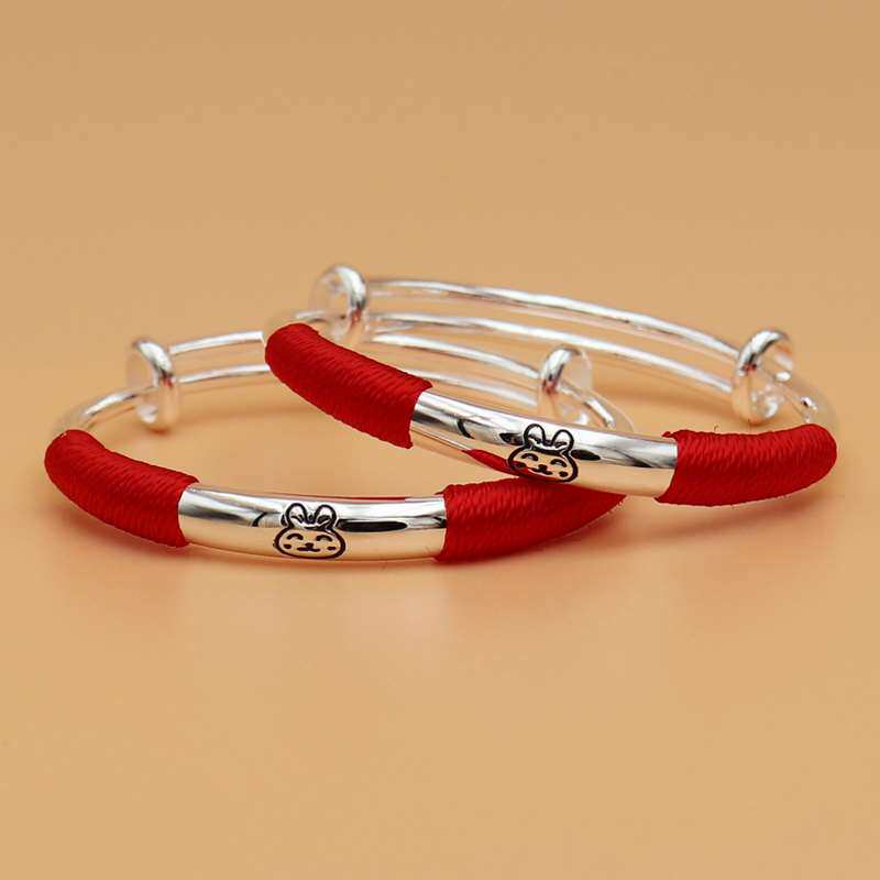 正品兔宝宝纯银手镯9999足银实心生肖虎婴儿童男女小孩满月周岁礼