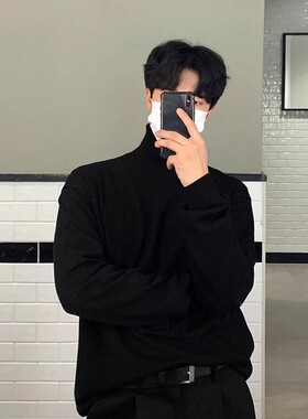 秋冬新款高领打底毛衣男韩版宽松加厚帅气纯黑色上衣内搭港风ins