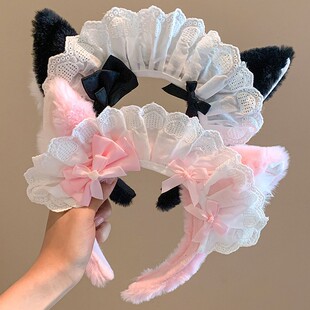 毛绒猫耳朵发箍女漫展拍照道具可爱粉色蝴蝶结洗脸发箍lolita头饰