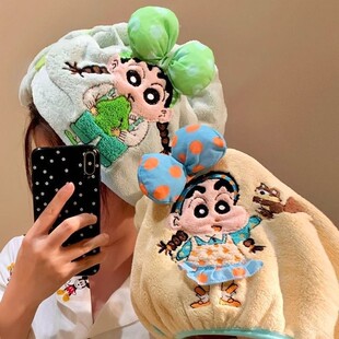 可爱卡通蝴蝶结蜡笔小新干发帽女吸水速干长款包头干发巾家用洗头