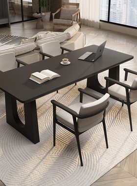 意式极简书桌黑色轻奢高级感办公室工作台家用客厅双人学习长条桌