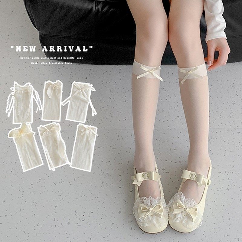 蝴蝶结小腿袜女芭蕾风夏季薄款洛丽塔奶白色超薄透明网纱及膝jk袜,女士内衣/男士内衣/家居服,长筒袜,淘宝优惠券,粉丝福利购,淘宝优惠卷