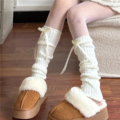 袜套秋冬款白色小腿袜蝴蝶结袜子女冬季堆堆袜修饰腿型腿套y2k棉