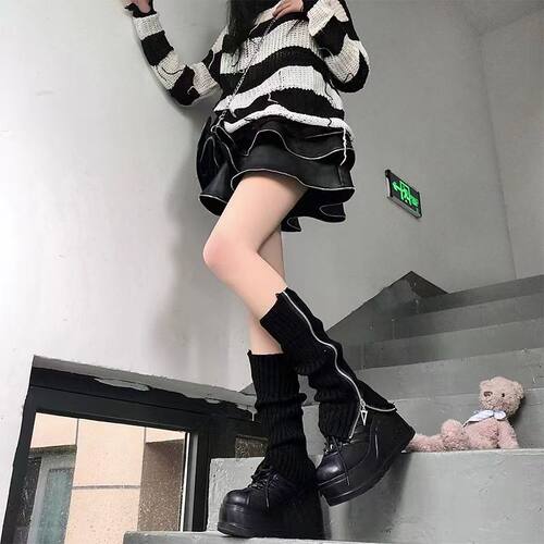 亚比风文化针织袜套y2k黑灰色拉链靴套JK小腿中筒堆堆袜春夏腿套