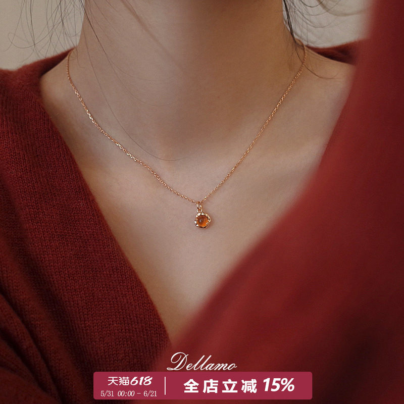 dellamo霞光天然琥珀纯银项链女轻奢小众设计高级感锁骨颈链新款