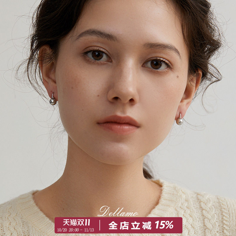 dellamo法式简约单颗珍珠耳钉女纯银耳饰2026年新款潮高级感耳环