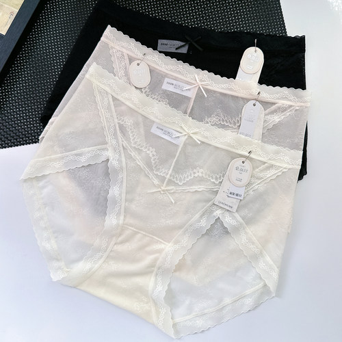 翘秘8601网纱蕾丝女士中腰内裤高开叉性感包臀轻薄透气蝴蝶结少女