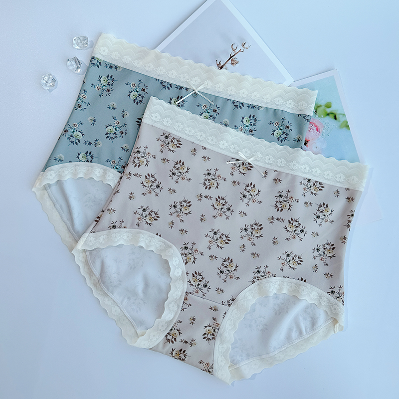 翘秘高腰大码数码印花蕾丝边