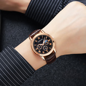 爆款 多功能全自动潮流夜光非机械石英手表三眼月相皮表带学生 男士