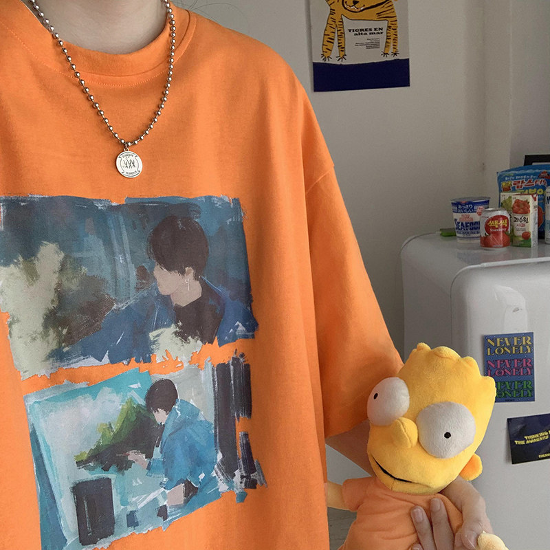 美式复古油画橙色t恤男ins潮流宽松高街设计感情侣短袖潮牌半截袖