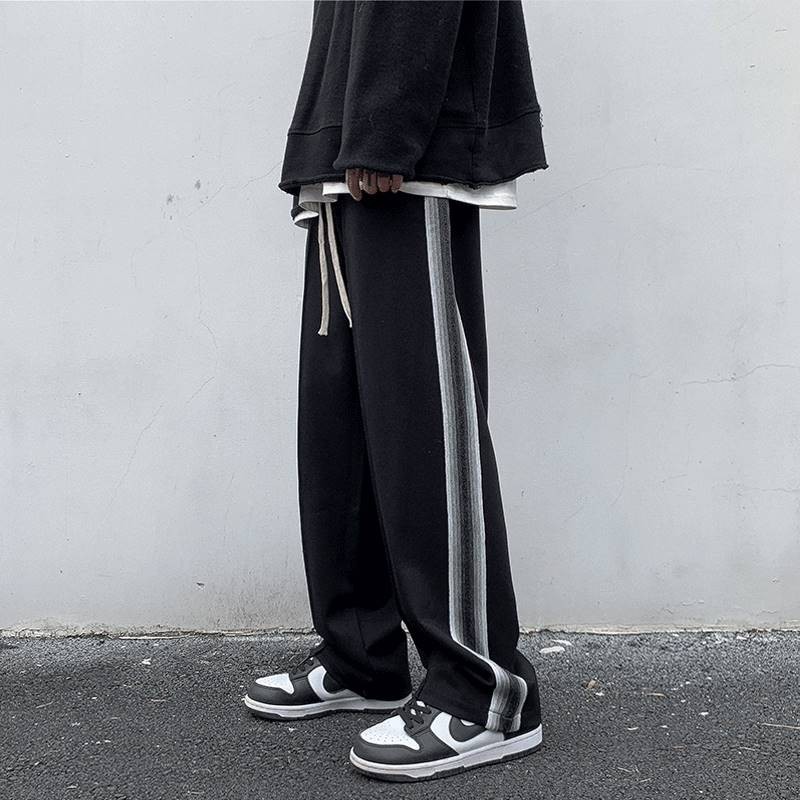 美式高街卫裤男ins潮直筒宽松灰色百搭春秋条纹垂坠感阔腿拖地裤