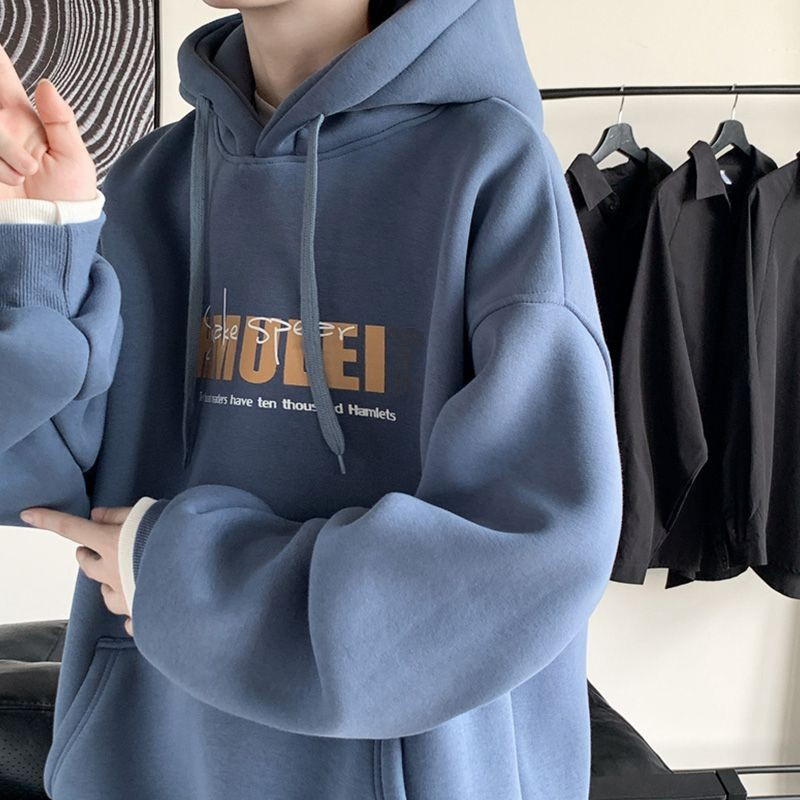 加绒连帽卫衣男秋冬新款潮牌字母印花假两件外套港风宽松休闲帽衫