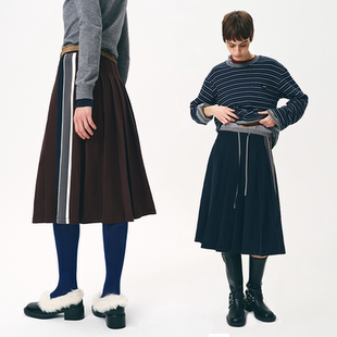 Ahhh通勤休闲显瘦百褶裙秋冬新款 复古撞色侧边拼接A字半身裙M1U风