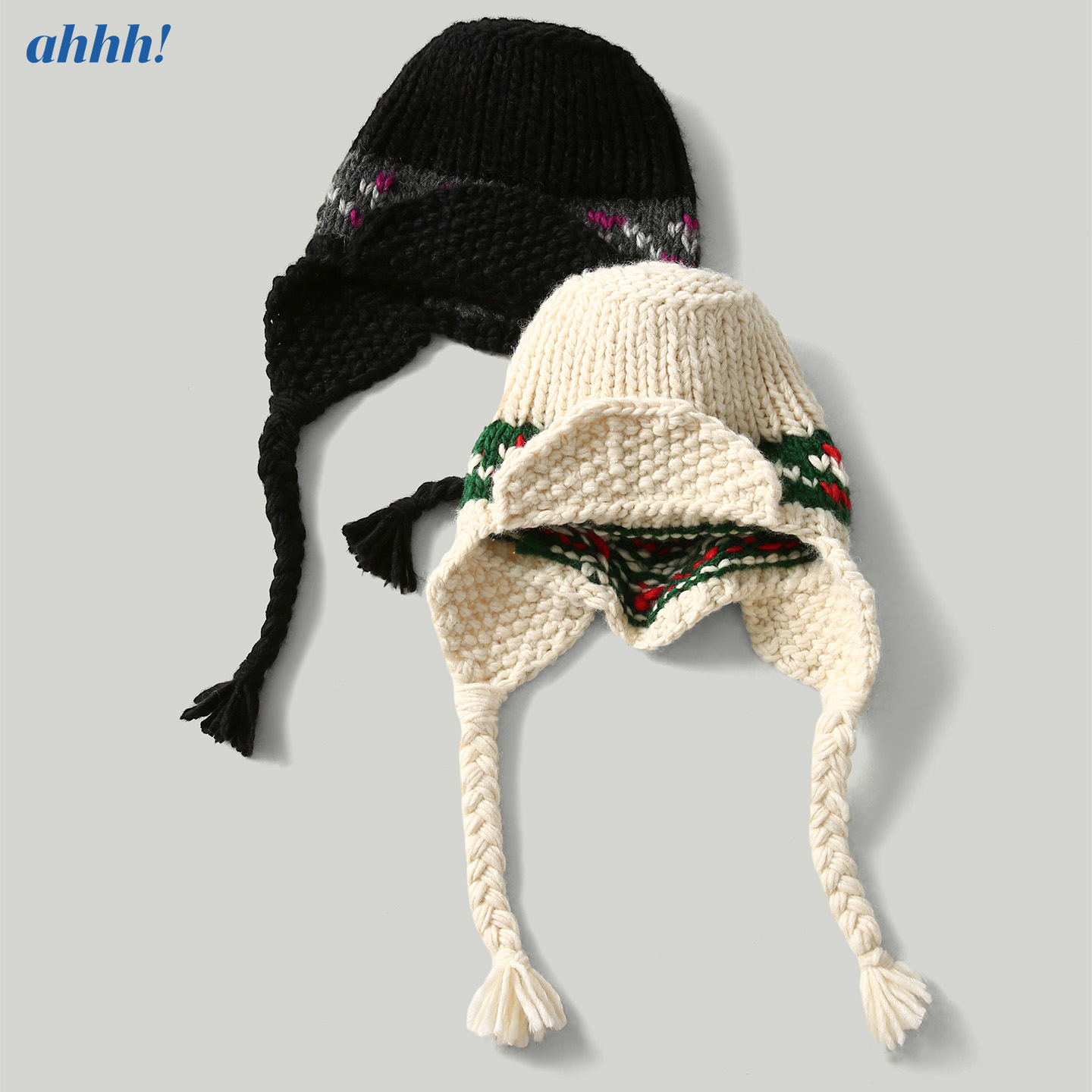 Ahhh 冬季复古羊毛手工费尔岛提花保暖飞行护耳帽针织帽子女圣诞