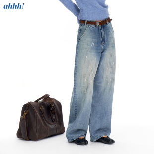 子 做旧磨白手工擦色泼墨脏点直筒阔腿宽松牛仔长裤 Ahhh 复古美式