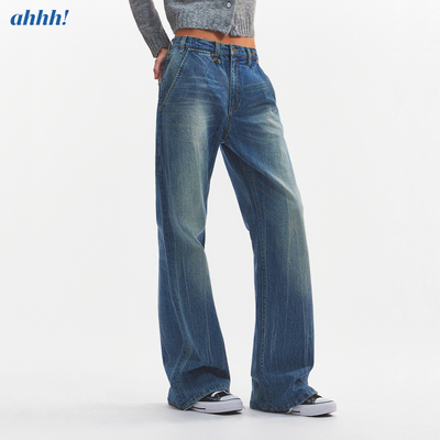 Ahhh 复古美式水洗做旧磨白猫须中低腰直筒宽松微阔腿牛仔长裤